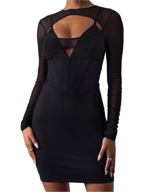 Black Mesh Bodycon Mini Dress Cutout Long Sleeve - L - Night Out Clubwear